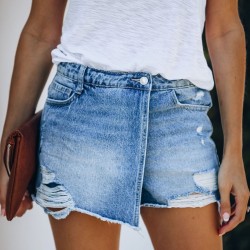 2025 new European and American summer casual elegant washed ripped skirt, light blue women's denim shorts 2025 new European and American summer casual elegant washed ripped skirt, light blue women's denim shorts