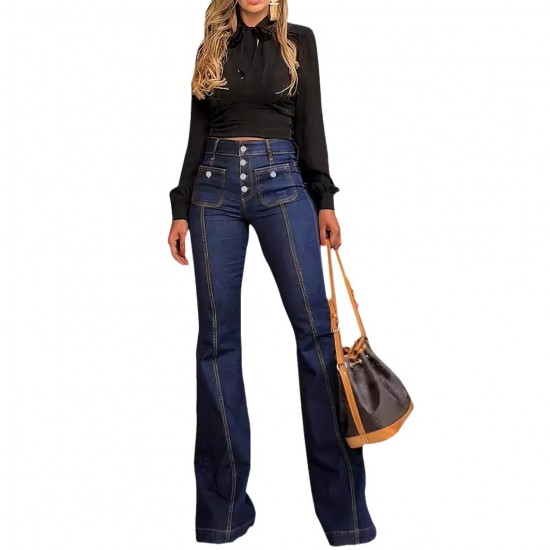2025 spring new European and American button-down high-waisted jeans for women, slimming and elegant flared trousers, now in stock. 2025 spring new European and American button-down high-waisted jeans for women, slimming and elegant flared trousers, now in stock.