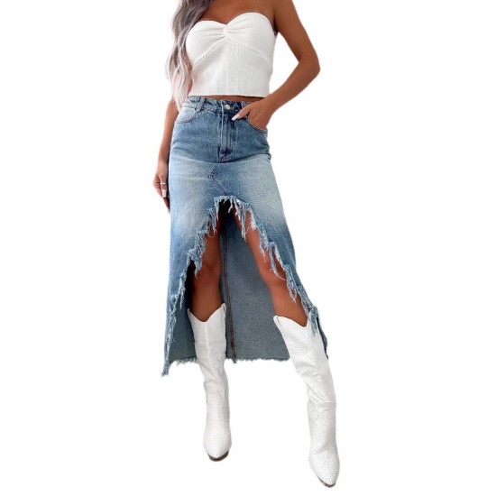 Amazon cross-border 2025 Spring new high-waisted, irregular, raw-edge denim skirt for women, distressed and washed. Amazon cross-border 2025 Spring new high-waisted, irregular, raw-edge denim skirt for women, distressed and washed.