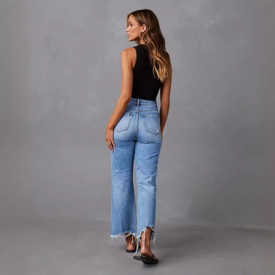 2025 cross-border new wide-leg pants, tasseled, washed, tie-dyed, ripped high-waisted jeans, straight-leg casual trousers for women. 2025 cross-border new wide-leg pants, tasseled, washed, tie-dyed, ripped high-waisted jeans, straight-leg casual trousers for women.