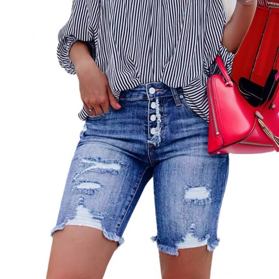 2025 Amazon Cross-Border Slim-Fit Buttoned Denim Shorts: Streetwear Ripped Raw-Edged Skinny Shorts for Women 2025 Amazon Cross-Border Slim-Fit Buttoned Denim Shorts: Streetwear Ripped Raw-Edged Skinny Shorts for Women