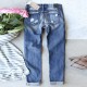 2025 European and American cross-border straight jeans for women, Christmas snowflake print patchwork ripped denim pants in stock 2025 European and American cross-border straight jeans for women, Christmas snowflake print patchwork ripped denim pants in stock