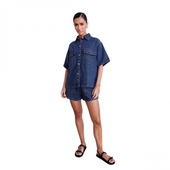 European and American Cross-Border Retro Casual Loose Pockets Short-sleeved shirt and shorts denim two-piece set European and American Cross-Border Retro Casual Loose Pockets Short-sleeved shirt and shorts denim two-piece set