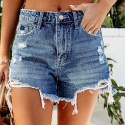 Factory Direct Foreign Trade 2024 New European and American Style Hand-Distressed Tasseled Ripped Comfortable Denim Shorts for Women Wholesale