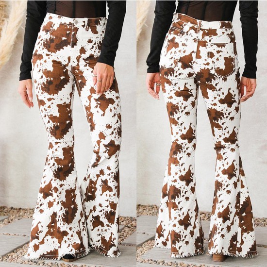 Factory Direct 2023 New European and American Women's Jeans, White Background Print, Brown High-Waisted, Flared, In-Stock Wholesale