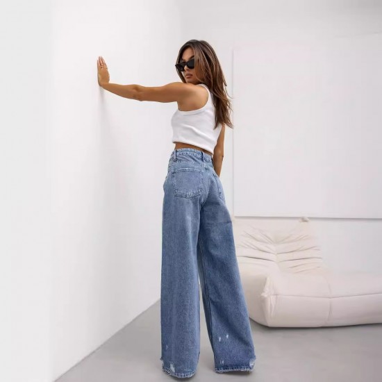 American retro straight-leg ripped jeans for women, European and American cross-border 2025 summer new wide-leg pants for foreign trade American retro straight-leg ripped jeans for women, European and American cross-border 2025 summer new wide-leg pants for foreign trade
