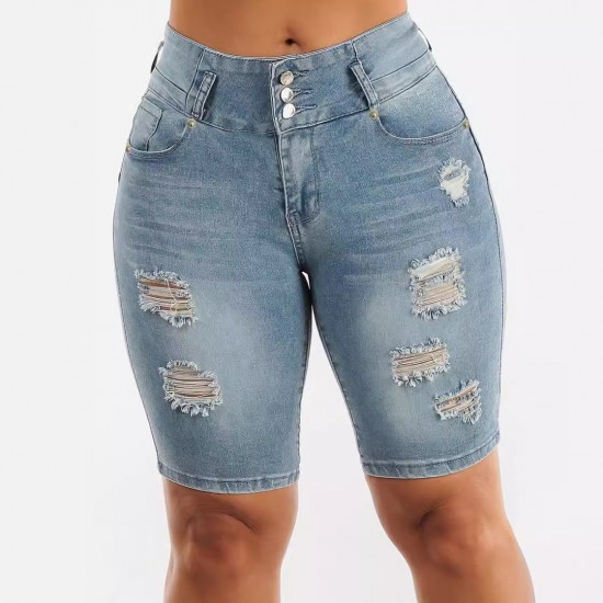 2025 new European and American cross-border high-waisted ripped denim shorts for women, stretchy, slim-fitting, hip-lifting cropped pants in stock 2025 new European and American cross-border high-waisted ripped denim shorts for women, stretchy, slim-fitting, hip-lifting cropped pants in stock