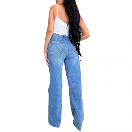 Factory direct sale on Amazon, women's long high-waisted jeans, ripped, raw-edge, popular European and American style, comfortable wide-leg pants.