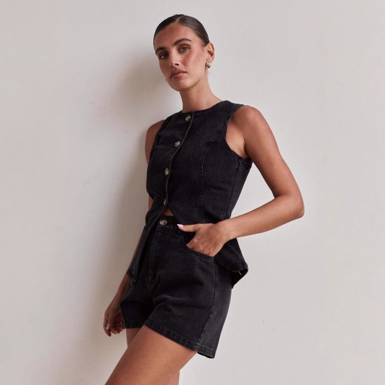 2025 spring and summer new Amazon independent European and American fashion sleeveless waisted high-waisted loose denim shorts set 2025 spring and summer new Amazon independent European and American fashion sleeveless waisted high-waisted loose denim shorts set