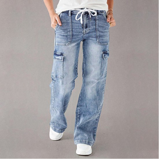 2025 Cross-Border European and American Cross-Border 2025 Autumn New Lace-Up Jeans: Women's Loose Straight-Leg Casual Work Pants: In Stock 2025 Cross-Border European and American Cross-Border 2025 Autumn New Lace-Up Jeans: Women's Loose Straight-Leg Casual Work Pants: In Stock
