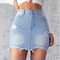 European and American Cross-border 2025 Summer New Slim-Fit Ripped Denim Skirt for Women Light-Color Washed Raw-Edge A-Line Skirt European and American Cross-border 2025 Summer New Slim-Fit Ripped Denim Skirt for Women Light-Color Washed Raw-Edge A-Line Skirt