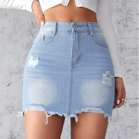 European and American Cross-border 2025 Summer New Slim-Fit Ripped Denim Skirt for Women Light-Color Washed Raw-Edge A-Line Skirt European and American Cross-border 2025 Summer New Slim-Fit Ripped Denim Skirt for Women Light-Color Washed Raw-Edge A-Line Skirt