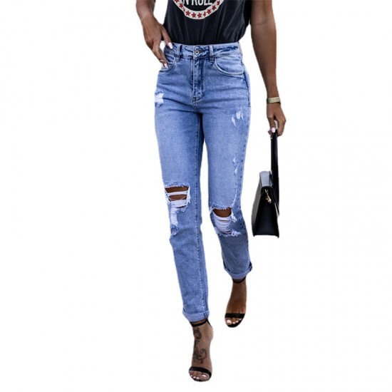 2025 Spring Amazon Factory-Shop European and American Stretch Ripped Women's Straight-Leg Skinny Hip-Lifting Fashion Jeans 2025 Spring Amazon Factory-Shop European and American Stretch Ripped Women's Straight-Leg Skinny Hip-Lifting Fashion Jeans