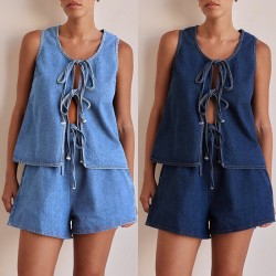 Independent cross-border European and American style summer fashion casual sleeveless tie-down high-waisted women's vest denim shorts set Independent cross-border European and American style summer fashion casual sleeveless tie-down high-waisted women's vest denim shorts set