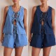 Independent cross-border European and American style summer fashion casual sleeveless tie-down high-waisted women's vest denim shorts set Independent cross-border European and American style summer fashion casual sleeveless tie-down high-waisted women's vest denim shorts set