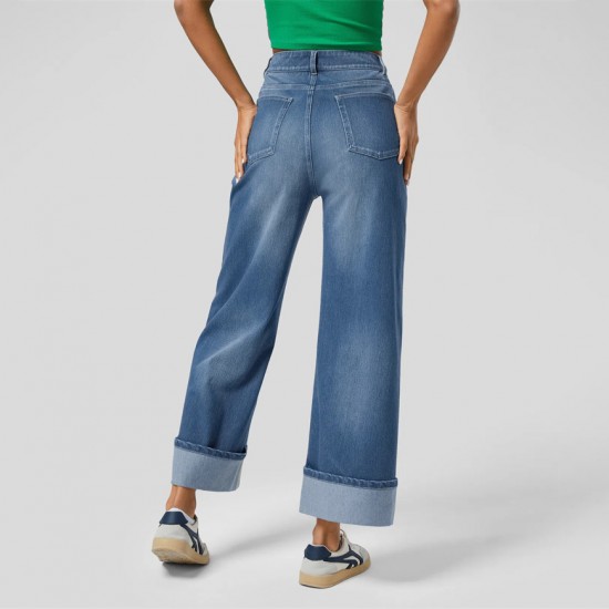 2025 Spring new European and American cross-border fashionable high-waisted straight-leg jeans with cuffed hems for women, casual wide-leg pants.