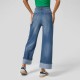 2025 Spring new European and American cross-border fashionable high-waisted straight-leg jeans with cuffed hems for women, casual wide-leg pants.
