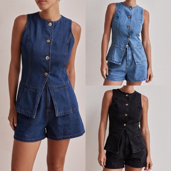 2025 spring and summer new Amazon independent European and American fashion sleeveless waisted high-waisted loose denim shorts set 2025 spring and summer new Amazon independent European and American fashion sleeveless waisted high-waisted loose denim shorts set
