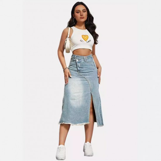 New Spring/Summer New Cross-Border American Retro Denim Skirt for Women, Fashionable Slit-Spliced Midi A-Line Skirt New Spring/Summer New Cross-Border American Retro Denim Skirt for Women, Fashionable Slit-Spliced Midi A-Line Skirt