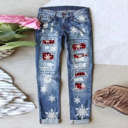 2025 European and American cross-border straight jeans for women, Christmas snowflake print patchwork ripped denim pants in stock 2025 European and American cross-border straight jeans for women, Christmas snowflake print patchwork ripped denim pants in stock