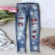 2025 European and American cross-border straight jeans for women, Christmas snowflake print patchwork ripped denim pants in stock 2025 European and American cross-border straight jeans for women, Christmas snowflake print patchwork ripped denim pants in stock