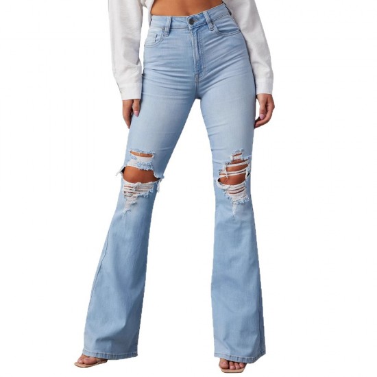 Factory direct sales of 2025 new cross-border European and American high-waisted, ripped jeans for women, street style, flared pants. Factory direct sales of 2025 new cross-border European and American high-waisted, ripped jeans for women, street style, flared pants.