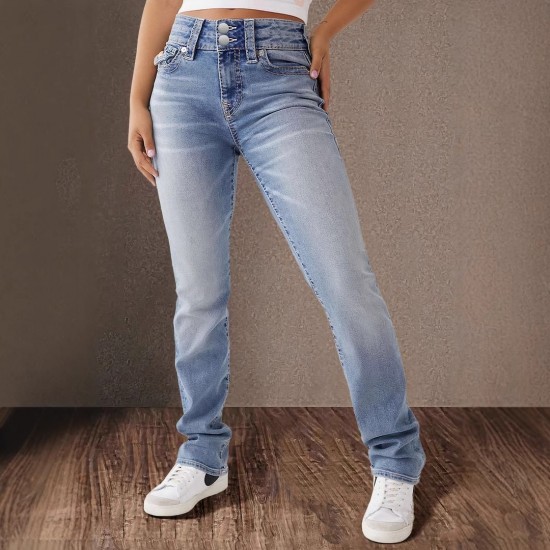 Amazon Foreign Trade Cross-border 2025 Spring New Double-Button Mid-Rise Straight Jeans for Women, Slim Fit, Elegant Pants Amazon Foreign Trade Cross-border 2025 Spring New Double-Button Mid-Rise Straight Jeans for Women, Slim Fit, Elegant Pants