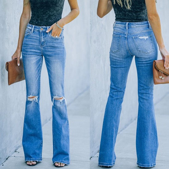 Factory direct sales: American-style flared women's stretch jeans, high-waisted, slimming, 2023 new foreign trade ripped jeans Factory direct sales: American-style flared women's stretch jeans, high-waisted, slimming, 2023 new foreign trade ripped jeans
