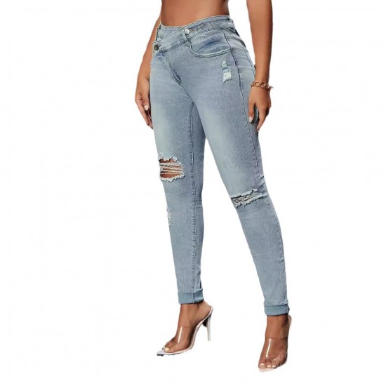 Light-colored High-waisted Jeans for Women, European and American Cross-border Amazon 2025 New Elastic Slimming, Skinny-fitting, Ripped Skinny Pants