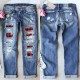 Cross-border Foreign Trade Straight Jeans for Women, 2025 New Red Plaid Print Patchwork, Ripped Pants, In Stock Goods Cross-border Foreign Trade Straight Jeans for Women, 2025 New Red Plaid Print Patchwork, Ripped Pants, In Stock Goods