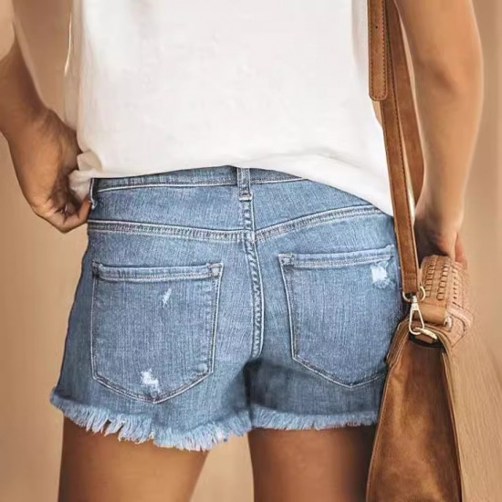 Ripped denim shorts for women, European and American cross-border summer new high-waisted A-line slimming, washed, raw-edged, stylish hot pants Ripped denim shorts for women, European and American cross-border summer new high-waisted A-line slimming, washed, raw-edged, stylish hot pants