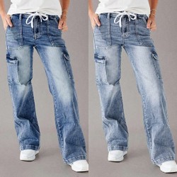 2025 Cross-Border European and American Cross-Border 2025 Autumn New Lace-Up Jeans: Women's Loose Straight-Leg Casual Work Pants: In Stock 2025 Cross-Border European and American Cross-Border 2025 Autumn New Lace-Up Jeans: Women's Loose Straight-Leg Casual Work Pants: In Stock