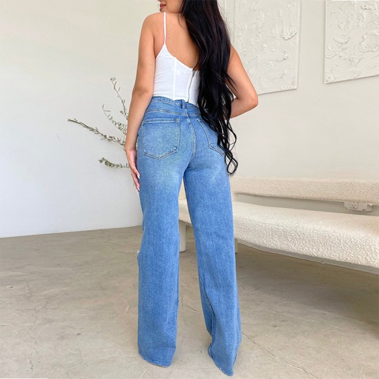 Factory direct sale on Amazon, women's long high-waisted jeans, ripped, raw-edge, popular European and American style, comfortable wide-leg pants.