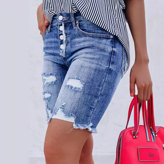 2025 Amazon Cross-Border Slim-Fit Buttoned Denim Shorts: Streetwear Ripped Raw-Edged Skinny Shorts for Women 2025 Amazon Cross-Border Slim-Fit Buttoned Denim Shorts: Streetwear Ripped Raw-Edged Skinny Shorts for Women