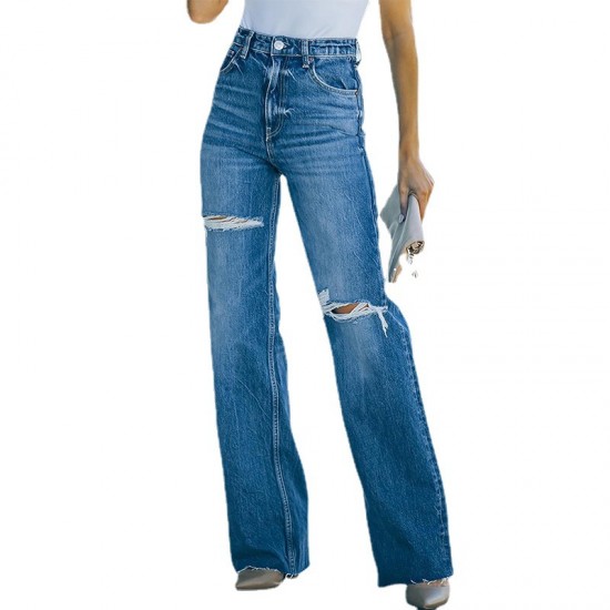 Factory direct sales, 2022 autumn new high-waisted jeans for women Washed and ripped wide-leg European and American denim trousers Factory direct sales, 2022 autumn new high-waisted jeans for women Washed and ripped wide-leg European and American denim trousers