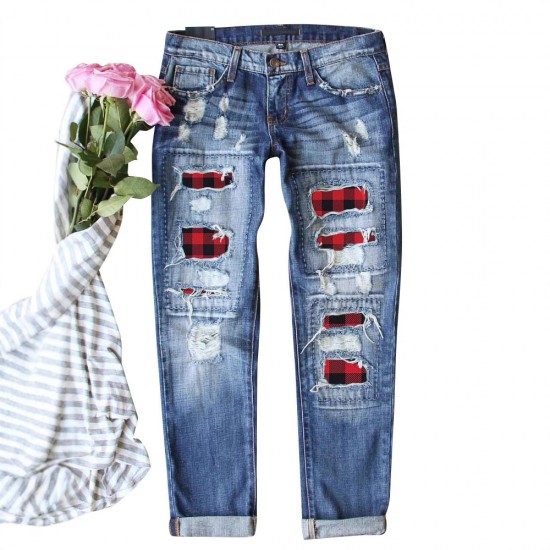 Cross-border Foreign Trade Straight Jeans for Women, 2025 New Red Plaid Print Patchwork, Ripped Pants, In Stock Goods Cross-border Foreign Trade Straight Jeans for Women, 2025 New Red Plaid Print Patchwork, Ripped Pants, In Stock Goods