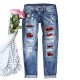 Cross-border Foreign Trade Straight Jeans for Women, 2025 New Red Plaid Print Patchwork, Ripped Pants, In Stock Goods Cross-border Foreign Trade Straight Jeans for Women, 2025 New Red Plaid Print Patchwork, Ripped Pants, In Stock Goods