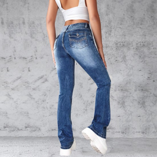 Factory direct sales: 2025 cross-border European and American retro hot girl jeans, tight-fitting, high-elastic flared pants for women, in stock Factory direct sales: 2025 cross-border European and American retro hot girl jeans, tight-fitting, high-elastic flared pants for women, in stock