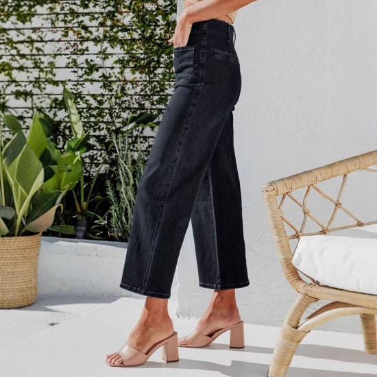 2025 autumn new European and American cross-border buttoned stretch jeans for women, high-waisted, stylish, and slimming washed straight-leg jeans. 2025 autumn new European and American cross-border buttoned stretch jeans for women, high-waisted, stylish, and slimming washed straight-leg jeans.