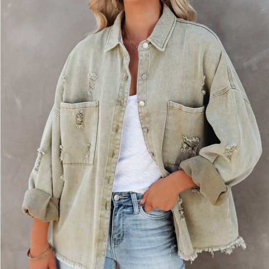 Factory direct sales of 2025 new cross-border European and American lapel, long-sleeved, retro, street style, ripped, raw-edge denim jacket for women. Factory direct sales of 2025 new cross-border European and American lapel, long-sleeved, retro, street style, ripped, raw-edge denim jacket for women.