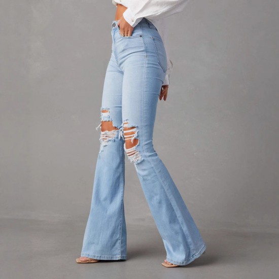 Factory direct sales of 2025 new cross-border European and American high-waisted, ripped jeans for women, street style, flared pants. Factory direct sales of 2025 new cross-border European and American high-waisted, ripped jeans for women, street style, flared pants.