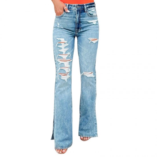 Factory direct sales of 2025 new cross-border European and American women's jeans, high-waisted, ripped, slightly flared, slit pants Factory direct sales of 2025 new cross-border European and American women's jeans, high-waisted, ripped, slightly flared, slit pants