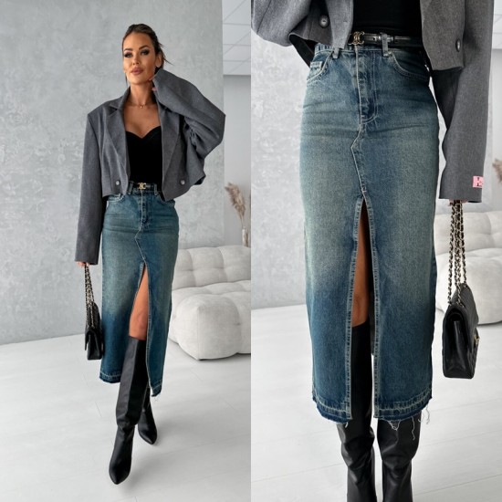 Vintage fashion Amazon cross-border high-waisted slit denim skirt, washed, slim-fitting, hip-lifting midi skirt for women