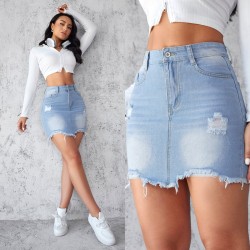 European and American Cross-border 2025 Summer New Slim-Fit Ripped Denim Skirt for Women Light-Color Washed Raw-Edge A-Line Skirt European and American Cross-border 2025 Summer New Slim-Fit Ripped Denim Skirt for Women Light-Color Washed Raw-Edge A-Line Skirt