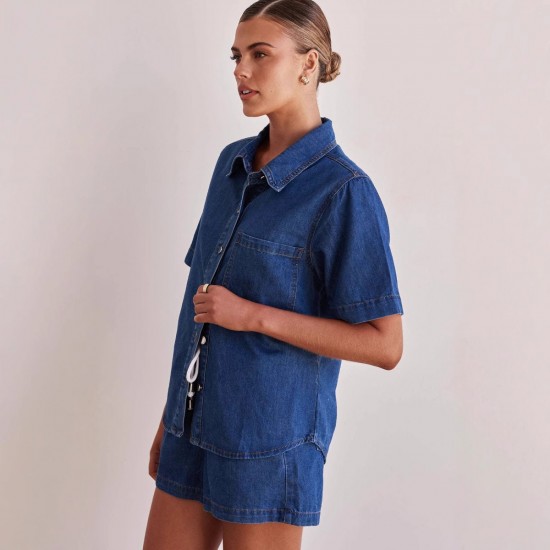 Casual style 2025 summer new cross-border foreign trade washed retro solid color short-sleeved shirt and shorts denim suit for women Casual style 2025 summer new cross-border foreign trade washed retro solid color short-sleeved shirt and shorts denim suit for women