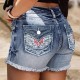 Amazon cross-border wholesale 2025 summer new American retro embroidered slim-fit raw-edge denim shorts for women