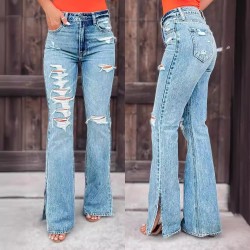 Factory direct sales of 2025 new cross-border European and American women's jeans, high-waisted, ripped, slightly flared, slit pants Factory direct sales of 2025 new cross-border European and American women's jeans, high-waisted, ripped, slightly flared, slit pants