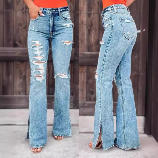 Factory direct sales of 2025 new cross-border European and American women's jeans, high-waisted, ripped, slightly flared, slit pants Factory direct sales of 2025 new cross-border European and American women's jeans, high-waisted, ripped, slightly flared, slit pants