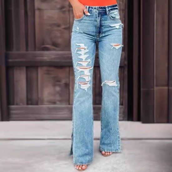 Factory direct sales of 2025 new cross-border European and American women's jeans, high-waisted, ripped, slightly flared, slit pants Factory direct sales of 2025 new cross-border European and American women's jeans, high-waisted, ripped, slightly flared, slit pants