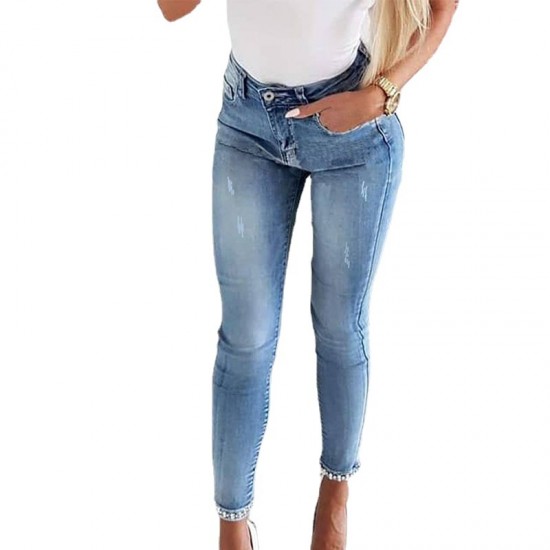 Factory direct cross-border European and American slim-fit jeans for women, butterfly-embellished, beaded slit skinny pencil pants Factory direct cross-border European and American slim-fit jeans for women, butterfly-embellished, beaded slit skinny pencil pants